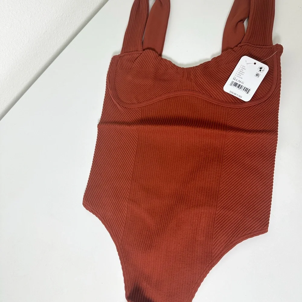 Free People Sleek Rib Tank Body Suit in Brown size M/L NWT
